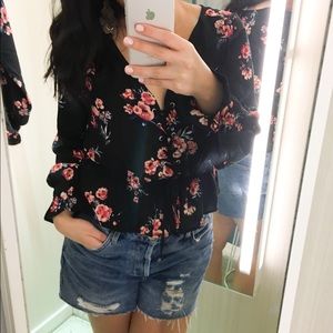 H&M Black Floral Lace Up Top